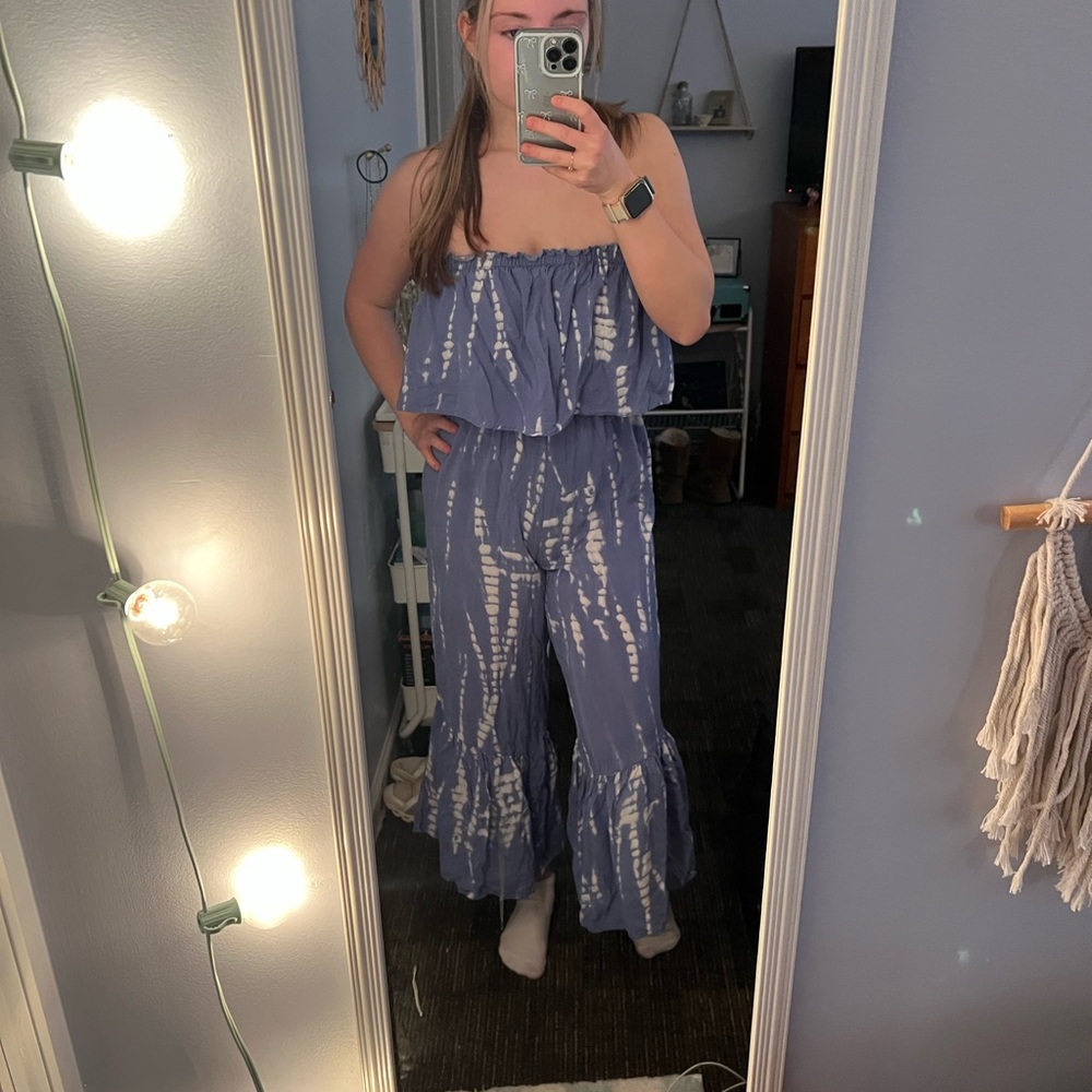 Blue Tie-Dye Strapless Jumpsuit